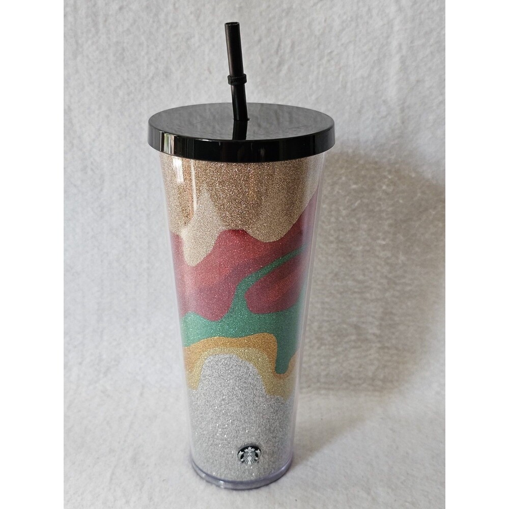 Starbucks Holiday Christmas Glitter Sand Wave Tumbler 24 Oz Black Lid Straw